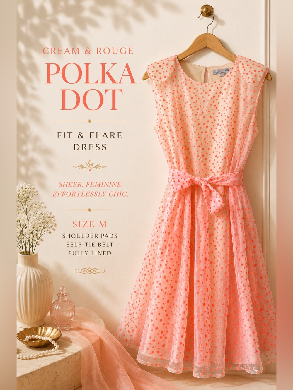 Cream & Rouge Neon Coral Polka Dot Fit & Flare Dress Size M